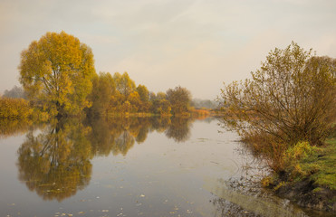 Morning landscape in pastel shades with Vorskla river at autumnal season in Sumskaya oblast, Ukraine