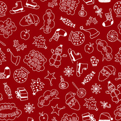 Cartoon Christmas Pattern - White Elements On The Red Background