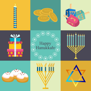 Hanukkah traditional symbols jewish icons set isolated vector.