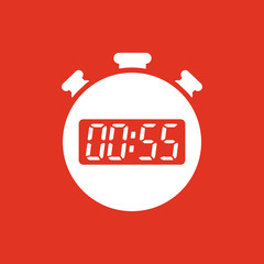 The 55 seconds, minutes stopwatch icon. Clock and watch, timer, countdown, stopwatch symbol. UI. Web. Logo. Sign. Flat design. App.
