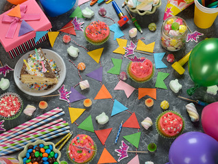 Birthday cake and various accessories