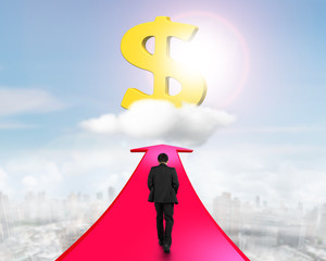 Businessman walking on arrow going toward dollar sign