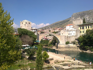 Fototapeta premium View on Stari Most (Old bridge) on Neretva river in Mostar city, Bosnia and Herzegovina