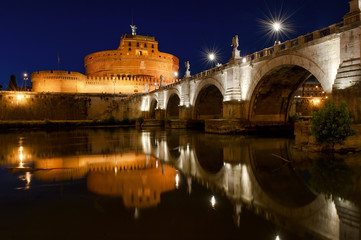Mausoleum of Hadrian, usually known as Castle of the Holy Angel (Castel Sant Angelo) at night, Rome, Italy