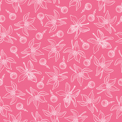 Seamless pattern with lemon flowers and buds on pink background. Vector hand drawn pattern. Good for packing design, textile industry, wallpapers and backgrounds.