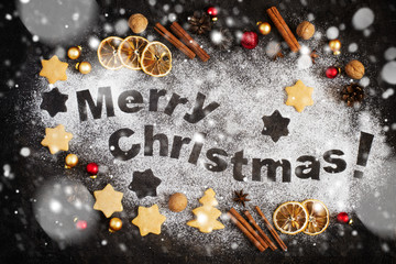 Card with gingerbread, Merry Christmas letters and Christmas toys