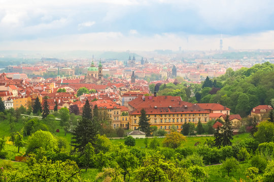 Beautiful spring panoramic view of Prague and its architecture from Petrin Hill