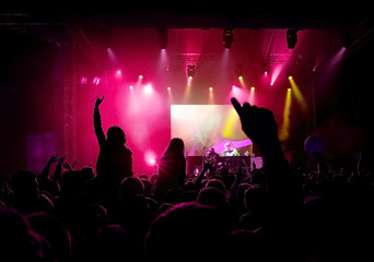 Fototapeta na wymiar Rock concert, silhouettes of happy people raising up hands