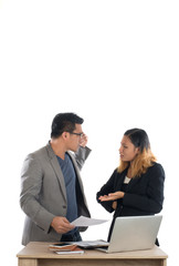 Fototapeta premium Young business woman standing with her boss conversation about t