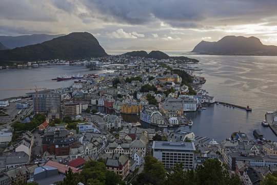 Landscape of Alesund city from the lookout on Mount Axl, Norway