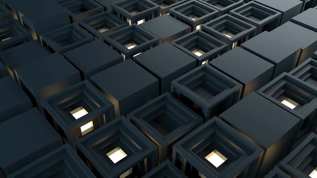 Abstract 3d rendering of several cubes. Background made of repetitive square blocks. Loopable detailed sequence.