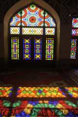 Fototapeta na wymiar Persian Nasir-ol-Molk Mosque or Pink Mosque traditional mosque in Shiraz Iran at Gowad-e-Araban district glass facade