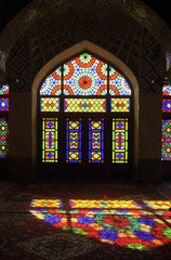 Plakat Persian Nasir-ol-Molk Mosque or Pink Mosque traditional mosque in Shiraz Iran at Gowad-e-Araban district glass facade