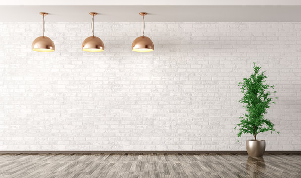Fototapeta Room with copper metal lamps over white brick wall 3d rendering