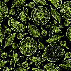 Seamless pattern with lemons, flowers and leaves on black background. Vector hand drawn monochrome pattern. Good for packing design, textile industry, wallpapers and backgrounds.