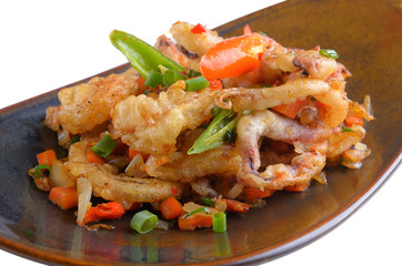 Fried squid with chilli thai food on white background