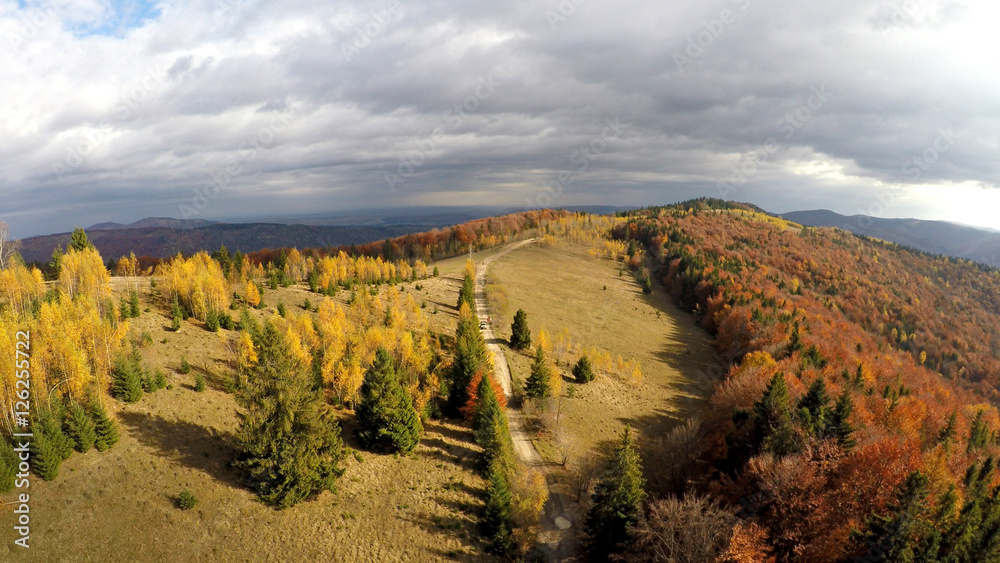 Sticker aerial view of the Carpathian mountains in autumn