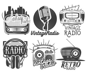 Vector set of radio and music labels in vintage style isolated on white background.