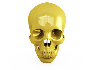 Golden human skull over white , 3D illustration