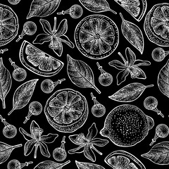 Seamless pattern with lemons, flowers and leaves on black background. Vector hand drawn pattern. Good for packing design, textile industry, wallpapers and backgrounds.