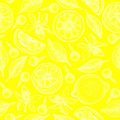Seamless pattern with lemons, flowers and leaves on yellow background. Vector hand drawn pattern. Good for packing design, textile industry, wallpapers and backgrounds.