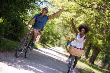 Young  couple having joyful bike ride in nature