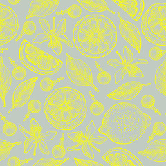 Seamless pattern with lemons, flowers and leaves on grey background. Vector hand drawn pattern. Good for packing design, textile industry, wallpapers and backgrounds.