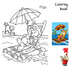 Cute cartoon fat cat in a deckchair floats by sea on a raft with umbrella. Coloring book. Vector illustration