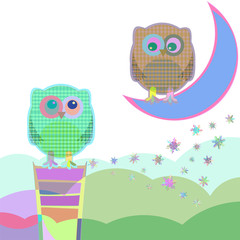 Card with two owls on branch at day, vector illustration