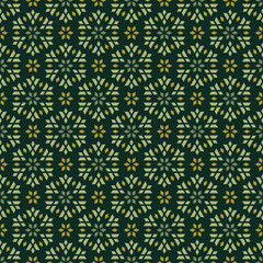 Seamless vector pattern of geometric flowers in green and ocher colors. It can be used for scrap-booking, textile and clothes printing, web design or packaging materials.

