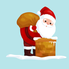 christmas Santa Claus in red suit with bag full of gifts in the chimney climbs that would give presents on Christmas Eve or winter holiday xmass, new year vector illustration