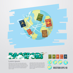 passport book flying around the world - vector illustration