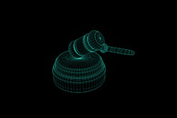 Auction Hammer in Hologram Wireframe Style. Nice 3D Rendering
