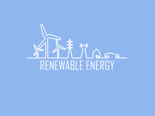 mono line illustration vector of home electricity renewable energy power system consist of renewable energy wind turbine, transmission tower, house and electric vehicle