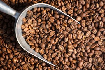 Fresh roasted coffee beans background with the metal scoop