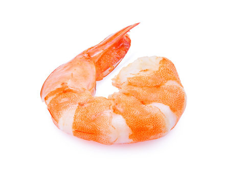 Tasty Prawns, cooked peeled tiger shrimps isolated on white back