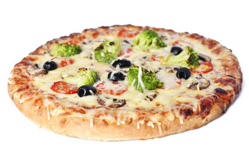 delicious vegetarian pizza, isolated on white background with selective focus.