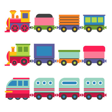 Cartoon Style Toy Railroad Train Set. Vector