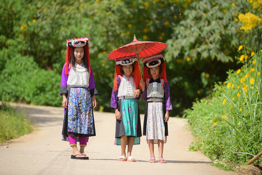 Three young Thai lady Lahu Tribe.