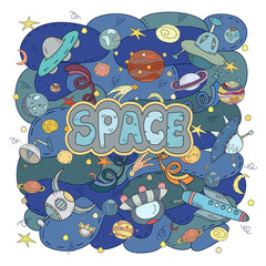 Fototapeta premium Cartoon hand-drawn doodles Space illustration. Colorful detailed, with lots of objects vector background