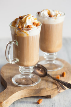 latte with whiped cream and caramel
