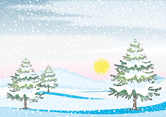 Vector Illustration einer Winterlandschaft mit Tannen, Hügeln und Schneefall gut für Weihnachtsgruß