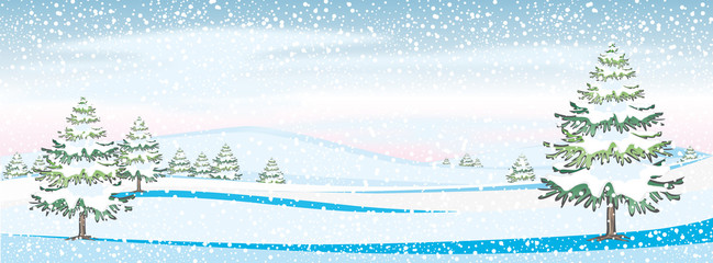 Vector Illustration einer Winterlandschaft Panorama Blick mit Tannen, Hügeln und Schneefall - 126265957