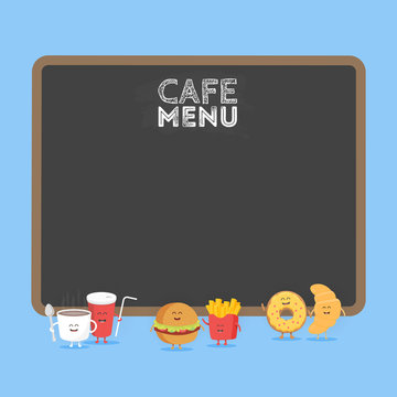 Funny cute fast food burger, soda, french fries, croissant and donut drawn with a smile, eyes and hands. Kids restaurant menu cardboard character