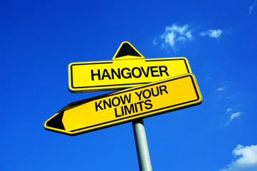 Hangover or Know Your Limits - Traffic sign with two options - moderate drinking of alcohol and excessive consumption of alcoholic drinks and being drunk