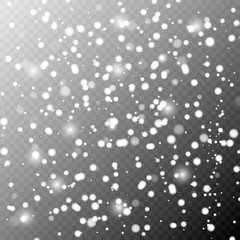 Vector falling snow effect isolated on transparent background with blurred bokeh