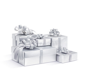 Celebration silver gift boxes isolated on white background