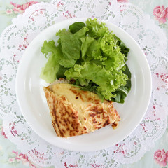 Healthy meal omelet, salad and juice