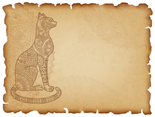 Old paper background. Horizontal background with cat ornate in oriental style. Manuscript with charred edges. Vector illustration.