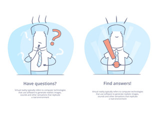 Premium Quality Line Icon And Concept Set: Thinking businessman looks up with hand near face and get idea in think.